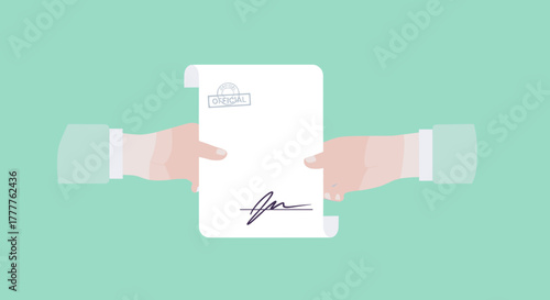 Hands holding signed document with signature on a light background.
