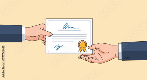 Hands exchanging certificate document representing achievement and recognition.