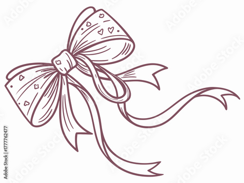 Elegant hand-drawn ribbon with heart details for gift design, scrapbook elements, or wedding invitations, conveying charm and a touch of romantic flair