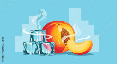Refreshing Composition Featuring Ice Cubes and a Peach Slice on a Cooling Blue Surface