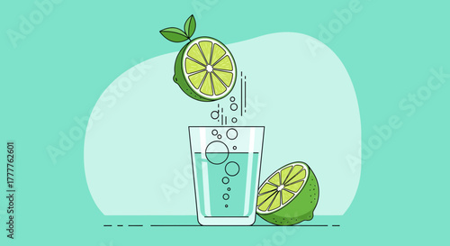Refreshing Lime Beverage Imagery, Illustration of Citrus Fruit Infusion in Glass, Freshness