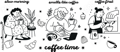 Minimal black and white doodle collection showing coffee lovers, mugs, and pastries — perfect for packaging, web, or prints.