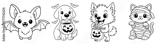 Cute Halloween animals — bat, puppy, wolf and cat dressed in costumes holding pumpkin buckets and trick-or-treat candy