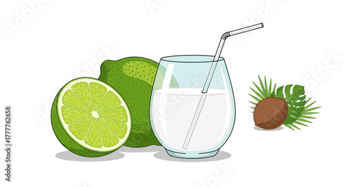 Refreshing Tropical Drink Composition Featuring Citrus Fruits, Coconut, And Refreshing Beverage