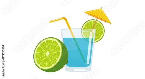 Refreshing Tropical Drink With Lime Slice And Umbrella On A White Background