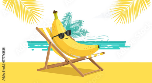 Relaxed Banana Enjoying Summer Beach Holiday Vacation Vibe With Sunglasses On The Beach