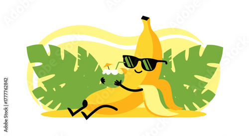 Relaxed Banana Enjoying Tropical Drinks, Sunbathing, and Wearing Trendy Sunglasses