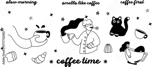 French-inspired coffee break illustration set with beret characters, cups, and sweets — ideal for menu design and branding.