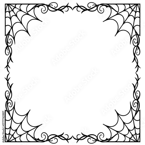 Halloween square frame made with spider webs and curly vines in gothic style