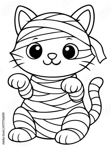 Halloween cat mummy coloring page for kids — cute kitten wrapped in bandages
