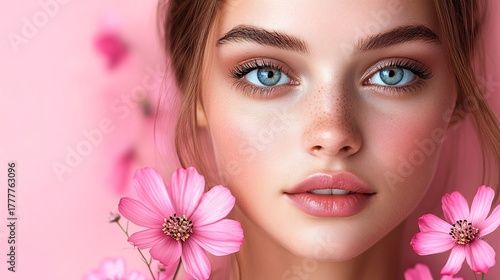 captivating beauty with pink flowers and bright blue eyes