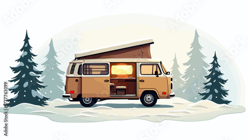 Brown campervan parked in snow forest clearing with roof tent open and warm interior light, peaceful winter camping concept
