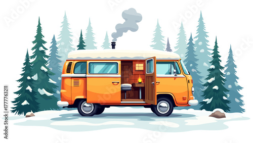 Orange campervan parked in snow forest with chimney smoke and fireplace inside, cozy winter vanlife concept