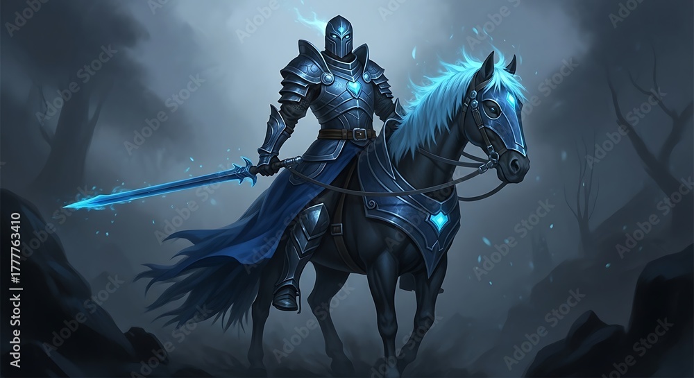 Fototapeta premium Mystical Knight on a Glowing Horse Amidst Ethereal Fog.