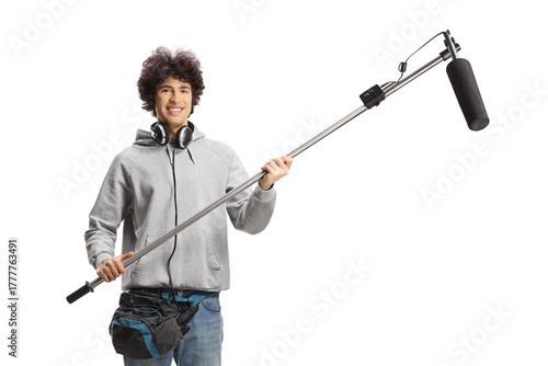Boom operator with headphones and microphone