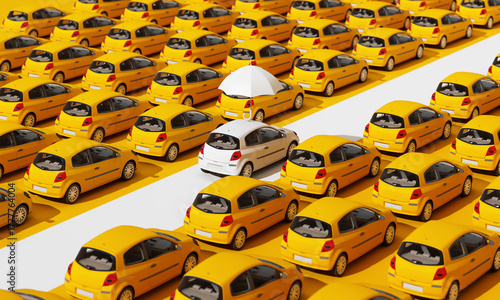 A white car with an umbrella among yellow cars represents advanced vehicle insurance offering safety, security, and greater financial opportunity. 3d rendering.