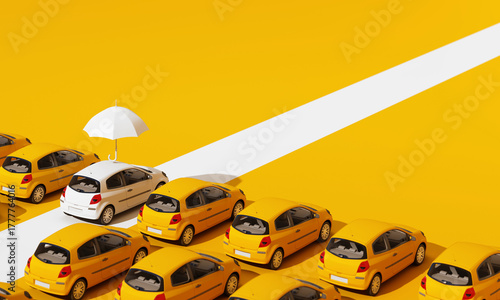 A white car stands out from yellow cars, symbolizing better insurance choices that offer protection and financial opportunity beyond the ordinary. 3d rendering.