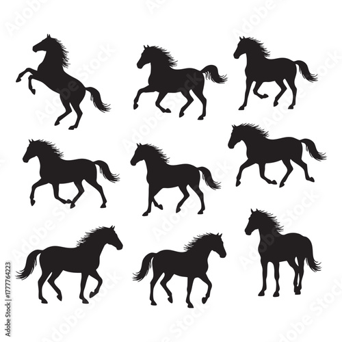 Set of Horse Silhouettes Galloping and Rearing Vector Illustration