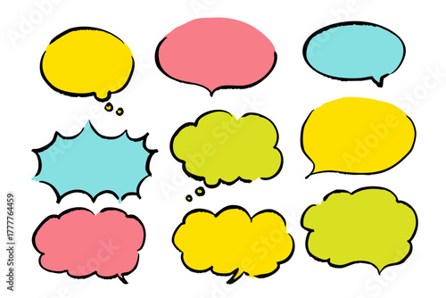 カラフルで手書き風の吹き出しイラストセット。丸型や雲型など9種類のポップなスピーチバブル素材。SNSやデザイン制作に使いやすい背景素材。