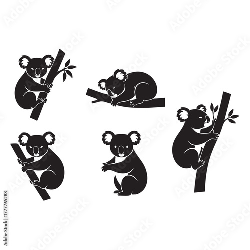 Set of Koala Silhouettes Climbing and Sitting Vector Illustration