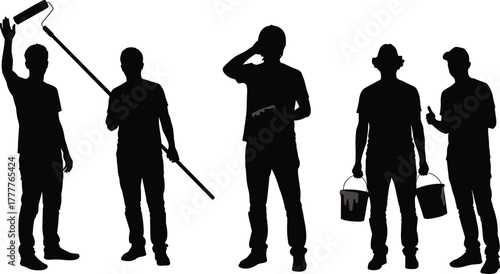 Silhouette, painting team, teamwork, paint roller, renovation, home improvement, construction
