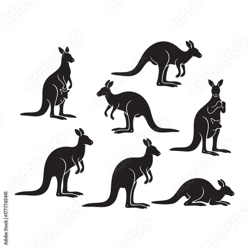 Set of Kangaroo Silhouettes Jumping and Standing Vector Illustration