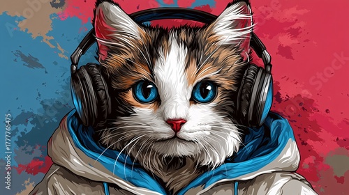 stylized cat wearing headphones and hoodie with bold color splash background