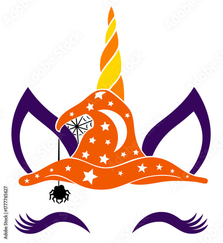 Halloween unicorn with orange hat, moon and spider web