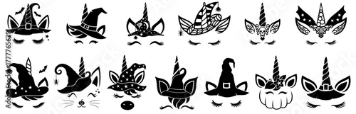 Halloween witch unicorn set — cute gothic mystical unicorns with hats, pumpkin horns