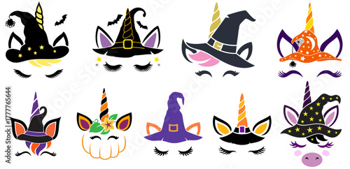Colorful Halloween witch unicorn set — cute gothic spooky unicorns with pumpkin, cat ears, stars and magic hats