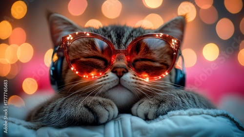 playful cat with sunglasses and headphones in festive lighting scene