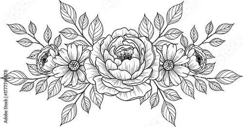 Detailed hand drawn floral arrangement of roses and leaves isolated on white background