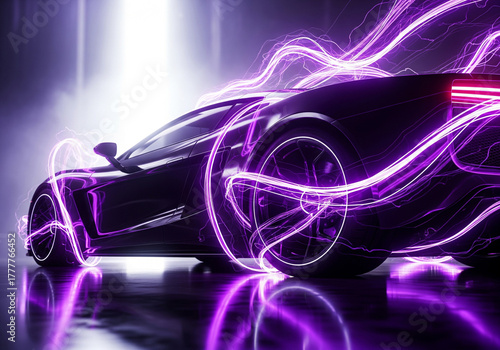 Sleek Purple Sports Car with Lightning Effects