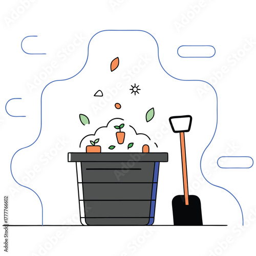 Gardening concept with compost bin and shovel, perfect for illustrating sustainable living and eco-friendly practices