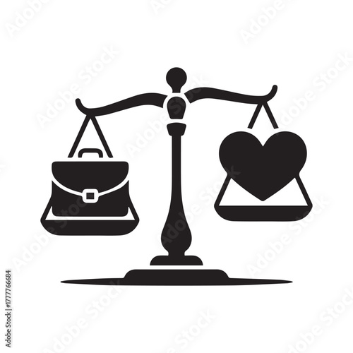 A minimalistic vector icon showing a balanced scale with a briefcase on one side and a heart on the other, symbolizing work-life balance.