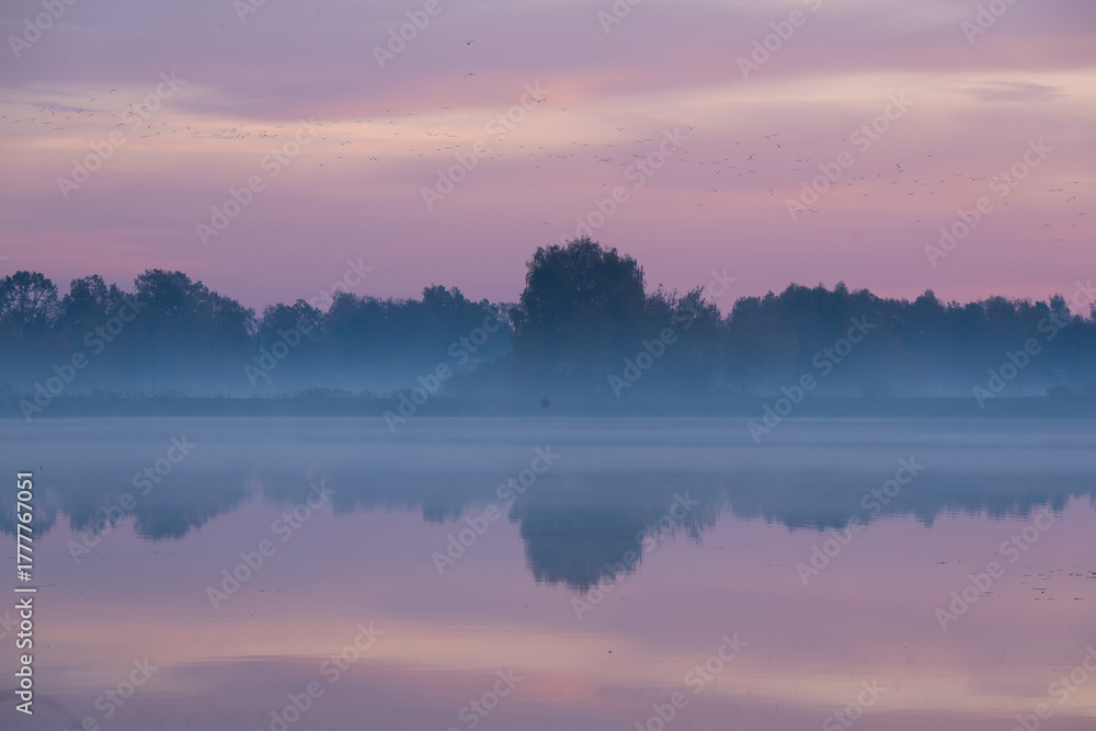 Fototapeta premium Jesienny wschó słońca we mgle, nad wodą. 