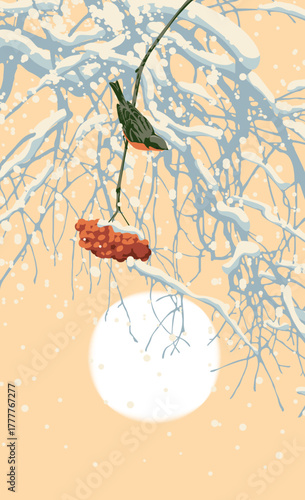Winter landscape in Chinese or Japanese style with snow-covered tree branches with rowan berries, bullfinches or sparrows and sun. Christmas greeting card. No ai