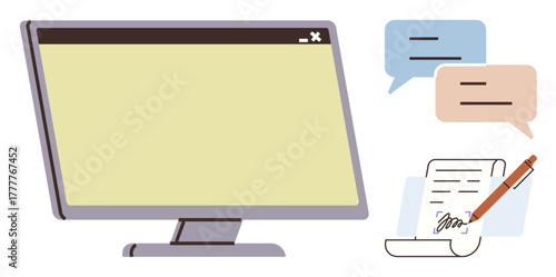 Computer monitor with blank display, dialogue speech bubbles, and signed paper. Ideal for communication, online collaboration, document signing, digital management, productivity, agreements