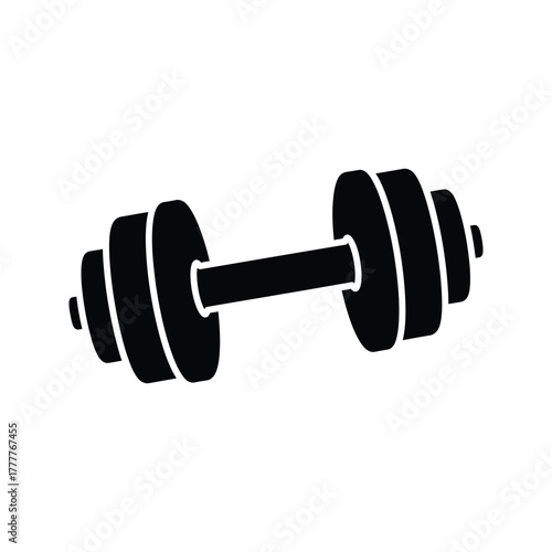 Simple black silhouette of a single dumbbell with weight plates on a white background