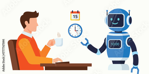AI Time Management and Personal Assistant Concept. Robot Helping Human Organize Schedule and Improve Office Productivity Vector Flat Illustration.