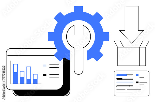 Gear with wrench signifies tools, bar graph on screen symbolizes analytics, download arrow points to box for software installation. Ideal for technology, data, tools, productivity, system, process