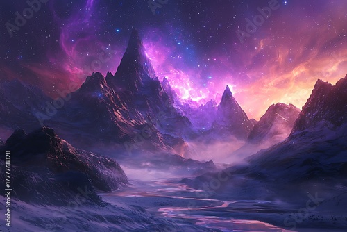 Vibrant cosmic valley with flowing blue river high resolution picture