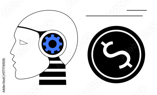 Human-thumbs up robotic head with blue gear and dollar coin, symbolizing AI, automation, finance, innovation, business efficiency, technology, and economic growth. Ideal for fintech solutions