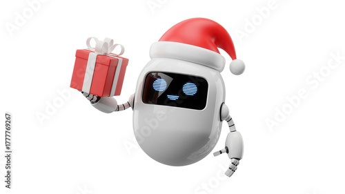 Adorable robot wearing a Santa hat offers a festive gift, perfect for holiday tech promotions and cheerful seasonal campaigns.