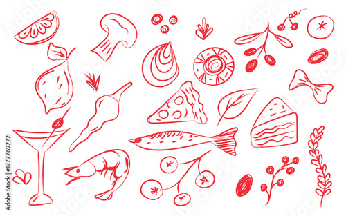 Pink feminine doodle set, Hand-drawn love elements, Cute romantic sketch icons