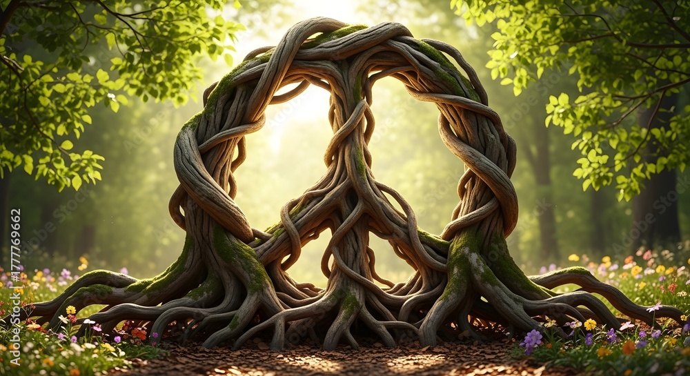 Naklejka premium Ancient tree roots form a giant peace symbol in a sunlit enchanted forest