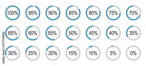 Round diagrams icons for infographics from 0 to 100 percent. Percentage infographics flat elements. Colour fill divided pie chart indicators in blue, grey. Mockup of circle graph loading progress bars