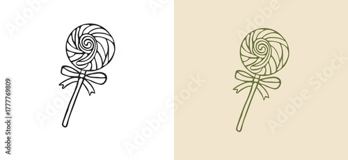 Cute, hand-drawn black and white swirl lollipop vector with a festive bow. Minimalist line art candy icon, perfect for sweet shop branding, holiday treats, and winter event invitations.