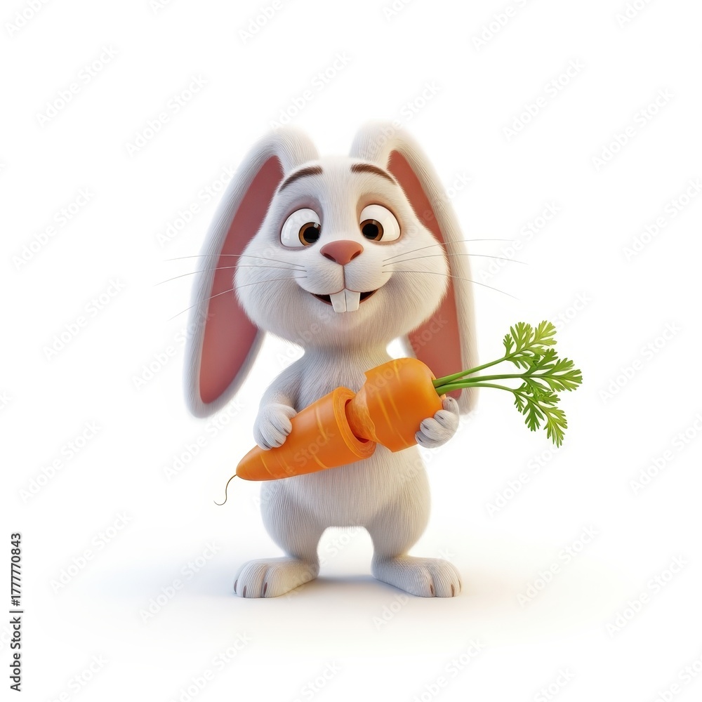 Fototapeta premium Cute cartoon rabbit holding a fresh carrot with a happy expression in a bright setting