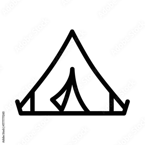 Simple black line art icon of a classic A-frame camping tent with an open flap.